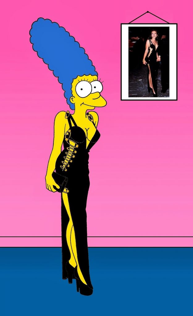 Marge Simpson como Liz Hurley em um vestido de Gianni Versace