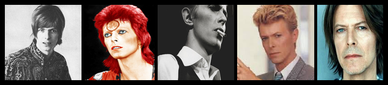 Da esquerda para direita, início da carreira (1967), fase Ziggy Stardust (1972), The Thin White Duke (1975), década de 80 e recentemente