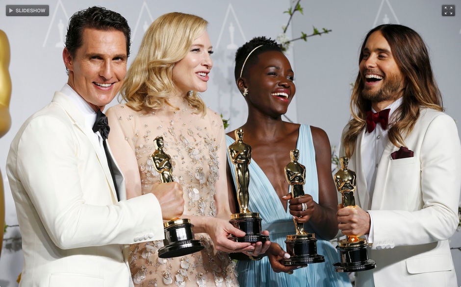 Os quatros vencedores dos prêmios de ator e atriz: Matthew Maccognaughey, Cate Blanchett, Lupita Nyong'o e Jared Leto