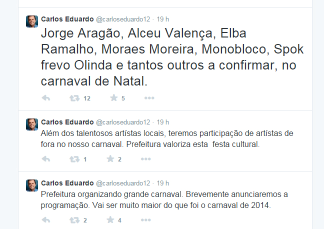 Primeiras atrações do Carnaval 2015 foram confirmadas pelo Twitter de Carlos Eduardo Alves