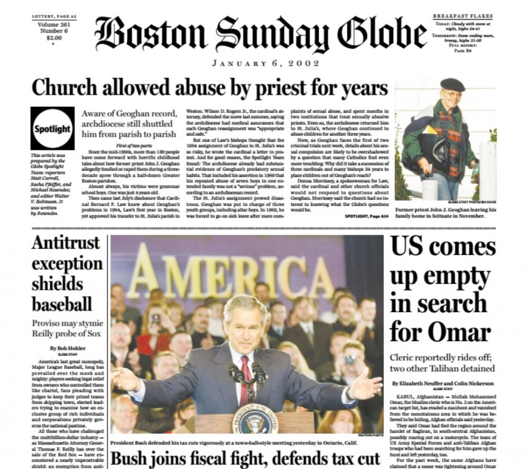Primeira página do Boston Globe com a matéria da Spotlight